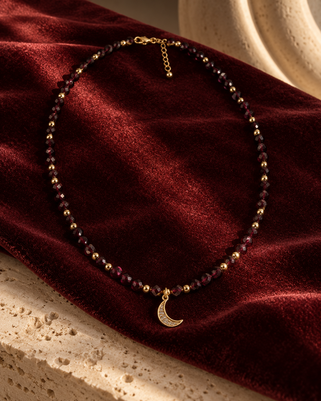 Red Garnet Crescent Moon Necklace