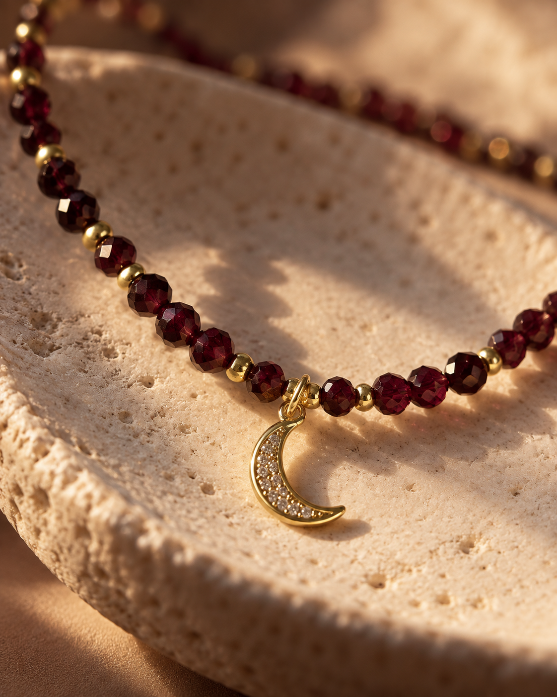 Red Garnet Crescent Moon Necklace